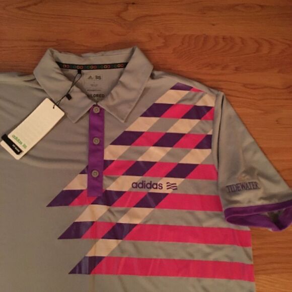 New Adidas Color Block Gray Purple pink Polo Shirt L Tidewater N Myrtle Beach - Picture 3 of 9